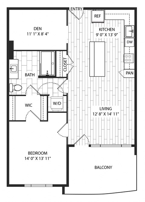 Floor plan for 1 bed, 1 bath, 876 sqft